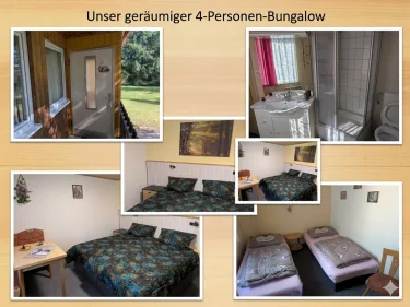 Spacious 4-person bungalow showing bedroom, extra bed, and shower room.