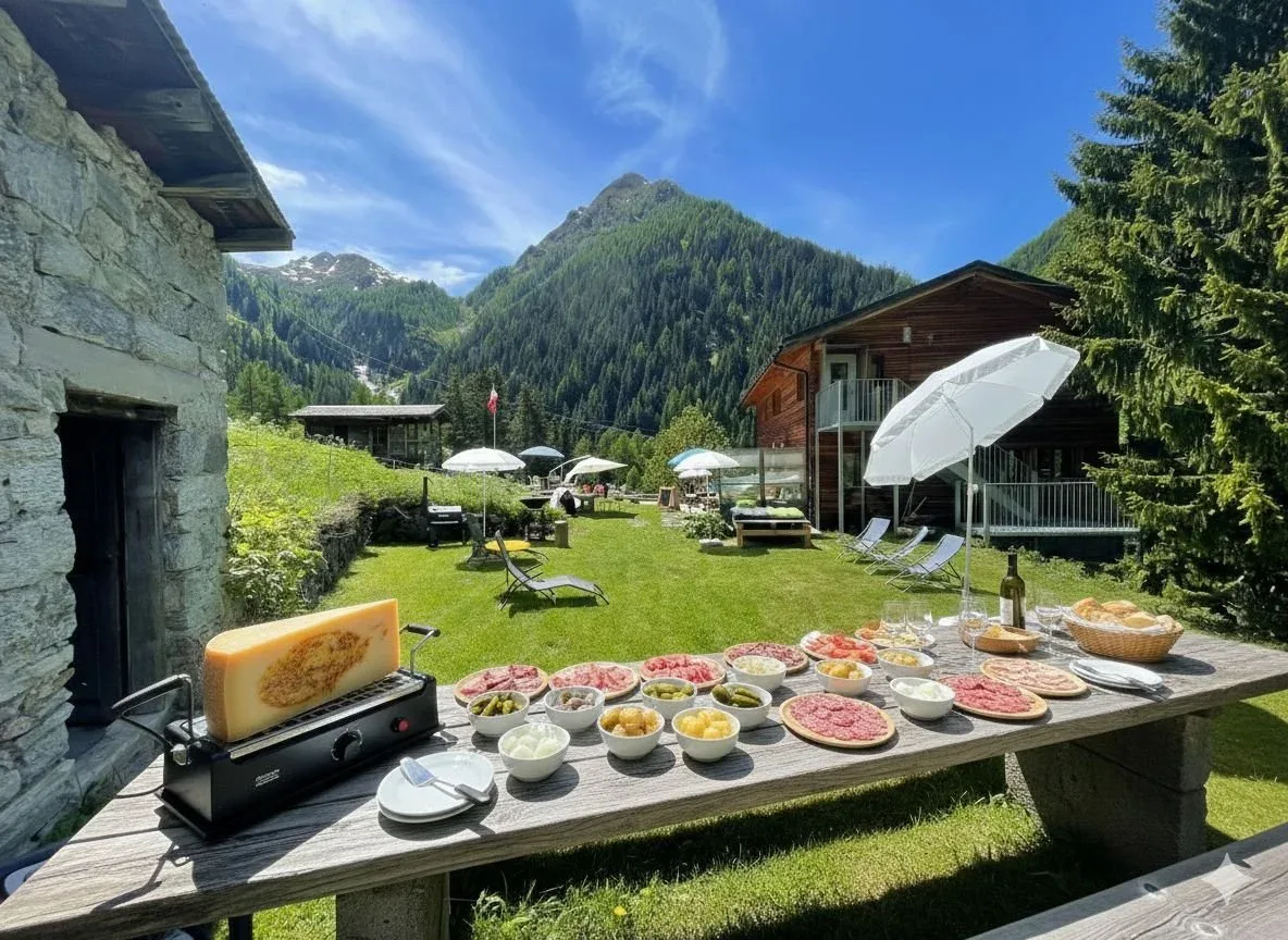 Guests enjoy a sunny outdoor terrace of the wooden Gasthaus Heiligkreuz surrounded by Alpine meadows.
